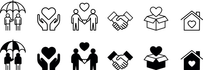 Bold vector icon collection depicting humanitarian help, charity actions, family support, shelter, donation, and protection themes with a combination of outline and filled 