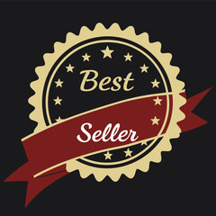 Illustration of a best seller badge with stars and a red ribbon on a dark background design