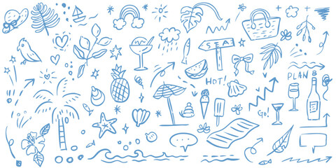 hand drawn arrows and Summer vacation doodle illustration set. Beach and sea travel elements. Hand drawn palm tree, fruit, lobster, seafood, shell, bikini, cocktail. Coastal collection for card, print