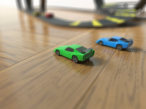 3D rendering of toy cars on a wooden floor with a race track at home