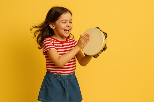 Little girl smiling, playing a drum in a sunny park, surrounded by colorful flowers and trees. - Powered by Adobe
