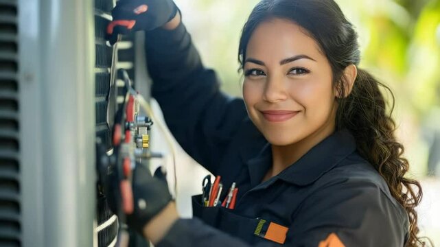 Confident technician with tools repairing AC unit