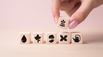 A hand with light pink nails delicately lifts a wooden cube adorned with a plant design. The backdrop is softly colored, emphasizing the cube. Nearby are additional wooden cubes with nature themes