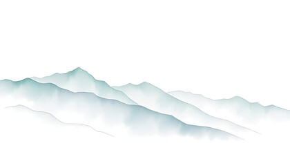 Serene watercolor mountain landscape with soft blue-green tones and misty layers. Minimalist style evokes tranquility and natural beauty, ideal for backgrounds and elegant design projects
