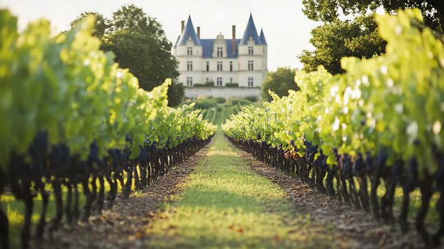 Vineyard rows lead to elegant chateau in serene landscape