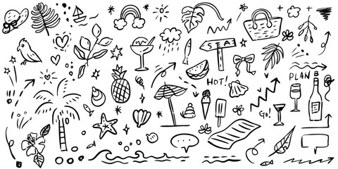 Summer vacation doodle illustration set. Beach and sea travel elements. Hand drawn palm tree, fruit, lobster, seafood, shell, bikini, cocktail. Coastal collection for card, prints, wedding invitation.