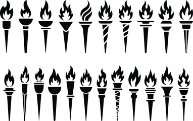 Collection of Torch Icons Variety Styles Isolated Torch Set in Transparent