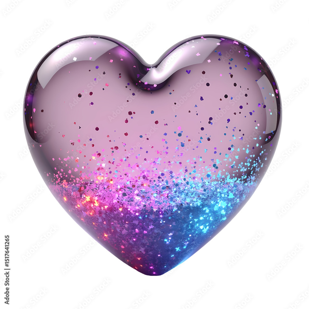 Poster a glossy heart filled with colorful glitter a solid in a isolated on transparent background