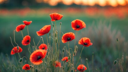 Fototapeta premium A colorful summer meadow with blooming red poppies under a bright sun and vibrant sky
