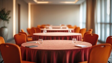 Blurred background of an elegant conference room featuring round tables with orange tablecloths and modern decor for professional gatherings.