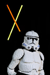 Naklejka premium Lego Star Wars sculpture of warrior. Editorial illustrative image of popular toy and brand.