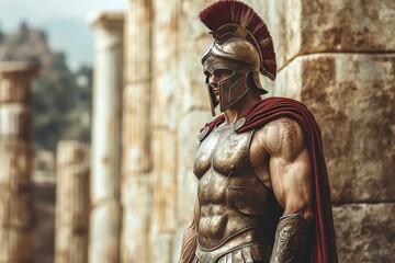 Obraz premium Muscular warrior stands proudly among ancient ruins under a cloudy sky in a historical reenactment event