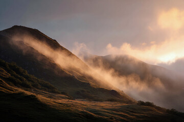 Ai image generated,Cloudy sky on the mountain with golden light of the rising sun in the morning after the rain.
