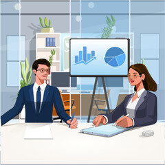Modern vector illustration of a professional businesswoman working in an office environment. She is performing various tasks such as making phone calls, writing notes, and using a computer. Perfect fo