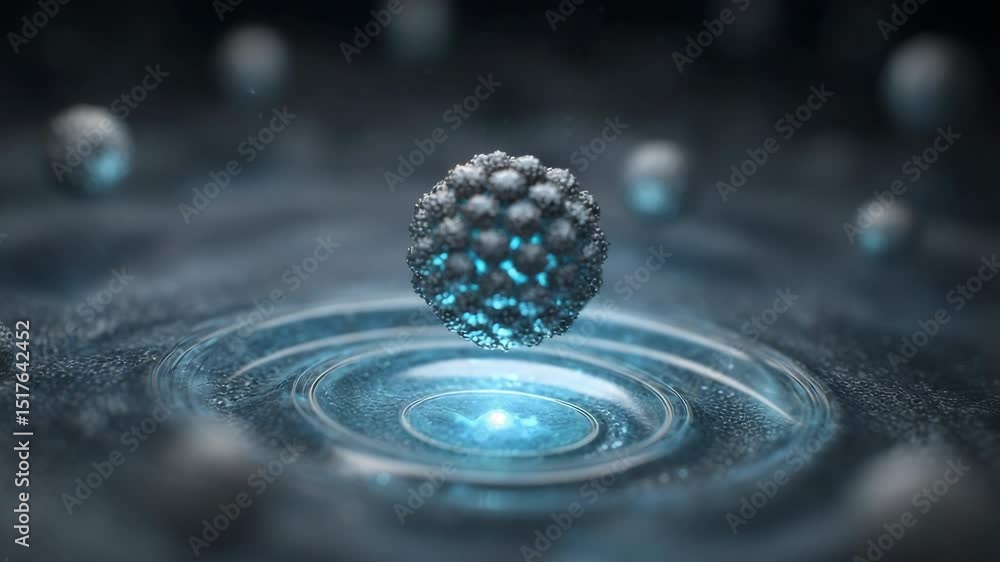 Poster metallic nanobots sphere hovering dynamically over blue concentric ripples, revealing intricate tech