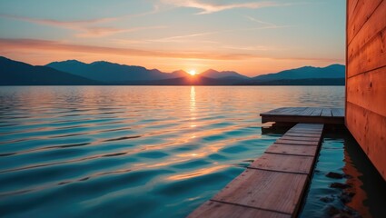 Obraz premium Serene lake house on stilts surrounded by mountains during a tranquil sunset with pastel skies