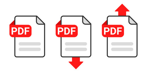 PDF File Download and Upload Icon Set with Red Arrow Symbol on Transparent Background for Document Transfer, Data Exchange and File Sharing Vector Illustration