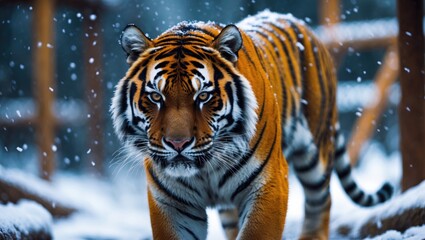 Obraz premium Ussuri or Amur tiger in winter, the northernmost Siberian tiger of the Far East