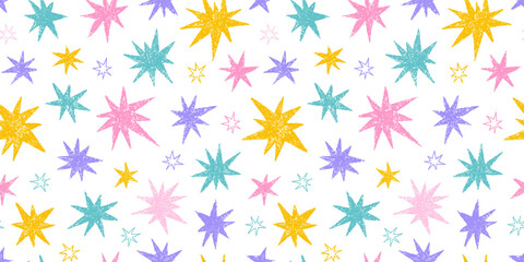 Crayon hand drawn doodle colorful stars seamless pattern. Childish pencil drawing cosmic sparks and sparkles. Vector texture background