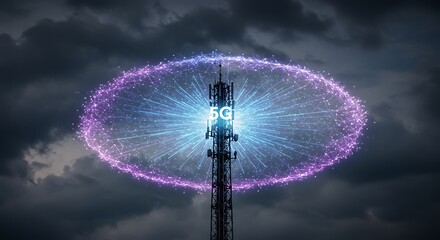 5G Network Tower Illuminated by a Cosmic Network of Light