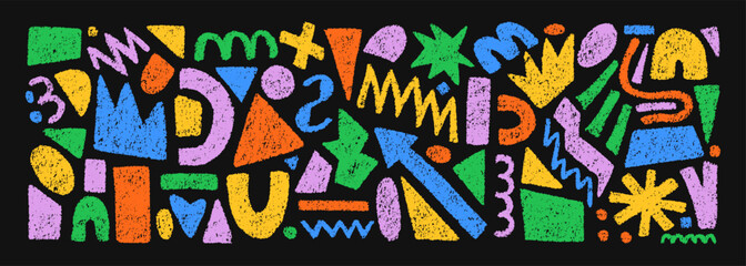 Hand drawn set of colorful crayon abstract shapes. Vector collection of contemporary texture figure in doodle style. Design elements perfect for banner, print, stickers, decor