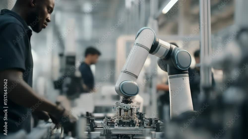 Poster engineer collaborates with a robotic arm on an assembly line, showcasing the integration of human ex