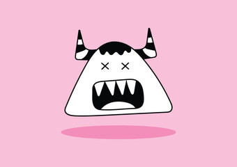 A funny monster with a horn on the head on a pink background. Doodle style.