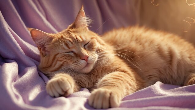 A peaceful orange cat naps comfortably on a soft blanket inside a cozy enclosure, enjoying a serene rest