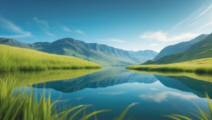 Obraz premium A peaceful mountain lake with calm blue water amidst lush greenery and distant mountain horizons under a bright sky.