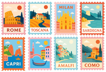 Obraz premium SET OF ITALIAN CITY AND LANDSCAPE STAMPS DOLCE VITA STYLE (ROME, TUSCANY, VENICE, LAKE COMO, MILAN, SARDINIA, AMALFI, CAPRI)