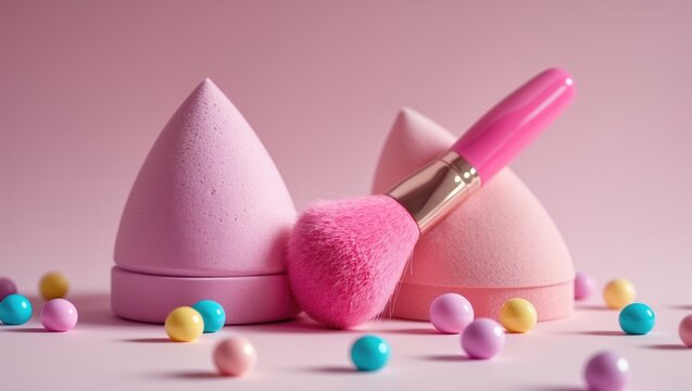 Elegant display of pink makeup sponges, blush brushes, and pastel powder balls set against a soft pink backdrop for beauty, cosmetics, and luxury makeup themes.