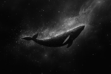 Whale swimming through a cosmic sea of stars and galaxies in a dramatic black and white setting