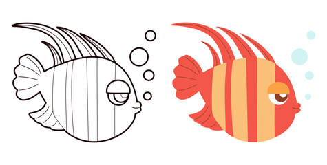 Tropical Striped Fish set. Isolated Color and Outline Line drawing, coloring book. Vector illustration. Kids collection.