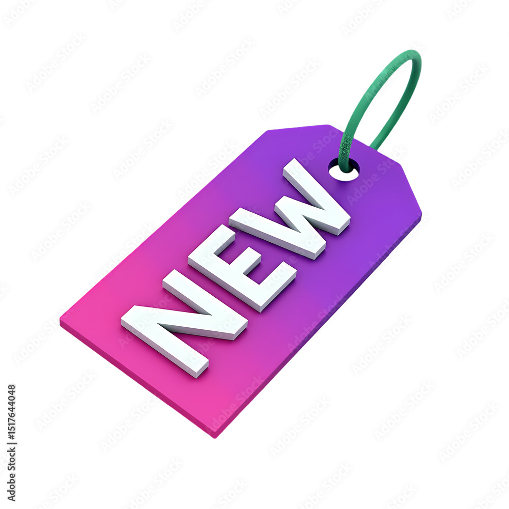 Poster a close up of a purple and pink tag with the word new on it design element isolated on transparent b