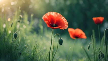 Obraz premium A vibrant red poppy blossoms elegantly in a lush green landscape bathed in sunlight.