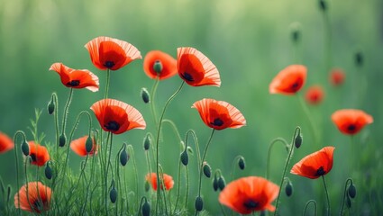 Obraz premium An idyllic landscape featuring tall grass and bright red poppies amidst a peaceful, natural setting under a vibrant sky