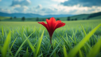 A vivid red tulip blooms prominently in a green garden landscape, representing spring growth and Earth Day awareness
