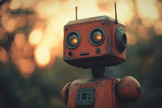 Vintage robot standing alone in nature during sunset, showcasing retro design and glowing eyes