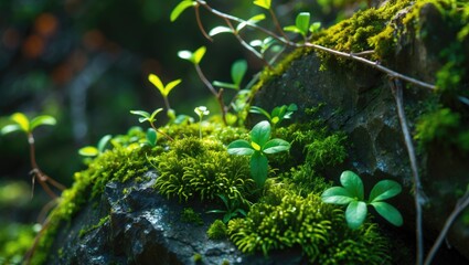 Fototapeta premium Old stone wall adorned with lush moss and grass, forming a natural and textured landscape background.