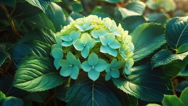 A single hydrangea (Hydrangea macrophylla) blossom in gentle pastel hues amid vibrant green foliage.