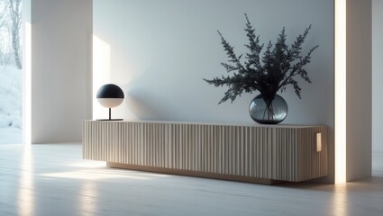 Side view of a cozy interior featuring wooden cabinets and minimalist decor in a modern apartment.