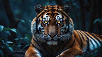 Fototapeta premium Majestic tiger resting on a face amidst vintage mountain background