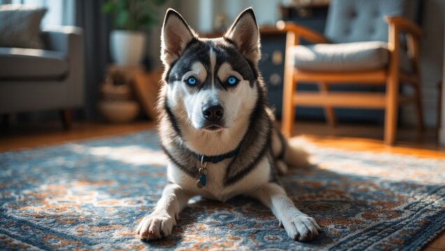 Indoor Siberian husky lying on patterned rug, appearing relaxed and attentive
