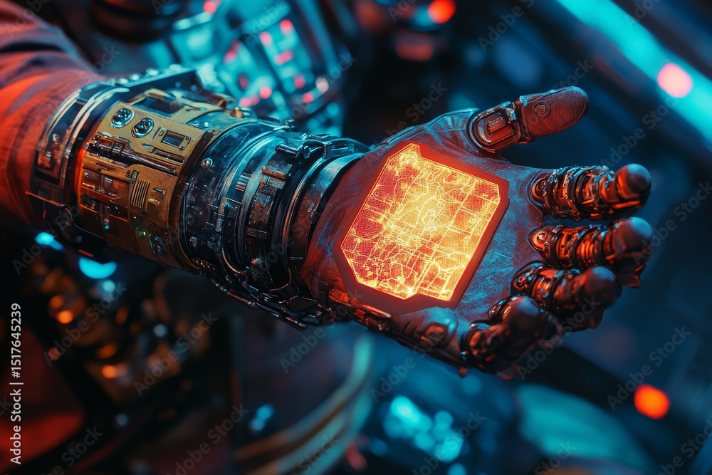 Poster sci-fi character showcases advanced technology on hand in futuristic setting with glowing interface