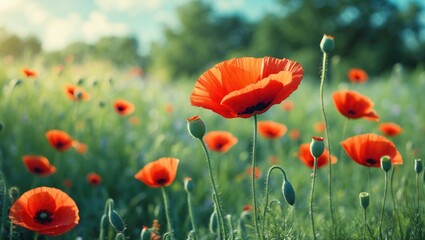 Obraz premium Bright red poppy amidst green meadow, complemented by a wheat stalk, highlighting summer nature and floral elegance.