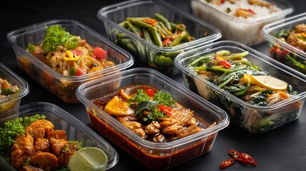 Delicious Asian Food Takeout Meal Prep Containers Healthy Dishes Restaurant Food Delivery Service Various Dishes Asian Cuisine Restaurant Meals Variety of Dishes Prepared Meals hot