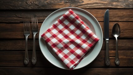 Top-down perspective of a plate and tableware arranged on a wooden table with a textured background