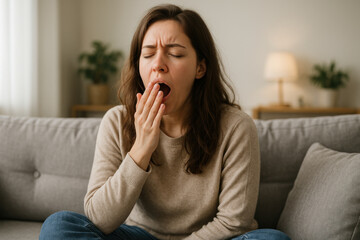 Woman on couch, mouth agape.