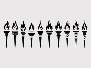 Row of Black Torch Silhouette Icons with Flames Isolated on Transparent Background