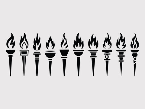 Row of Black Torch Silhouette Icons with Flames Isolated on Transparent Background